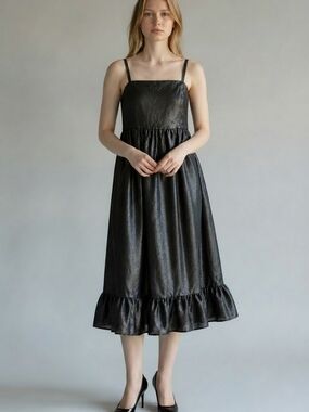 Black Square-Neck Ruffle-Hem Midi Dress - Spaghetti Strap Unbranded